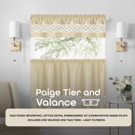 Achim Paige Tier and Valance Window Curtain Set - 55 Width, 24 Length, 1.5 Inch Rod Pocket - Tan - Soft Light Filtering Fabric with Geometric Embroidered Pattern & Machine Washable Home Décor