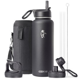 Water Bottle 40 oz Insulated with Straw&Brush, Coolflask Vaccum Stainless Steel Metal 3 Lids Water Flask for Sports, Gym or Office, Keep Cold 48H Hot 24H, Magic Black