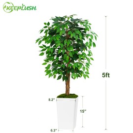 Keeplush 5ft Ficus Artificial Tree with 3 Natural Curved Trunks, 60" Tall Lush Faux Tree for Home Decor Indoor, Green Lifelike Fake Ficus Tree with White Planter Pot