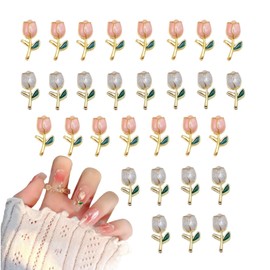 Yuzhiye Flower Nail Parts, Tulips, Set of 30, Pink, White, 3D, Flower Parts, Gold, Large, Cute, Nail Art, Jewelry, Deco Parts
