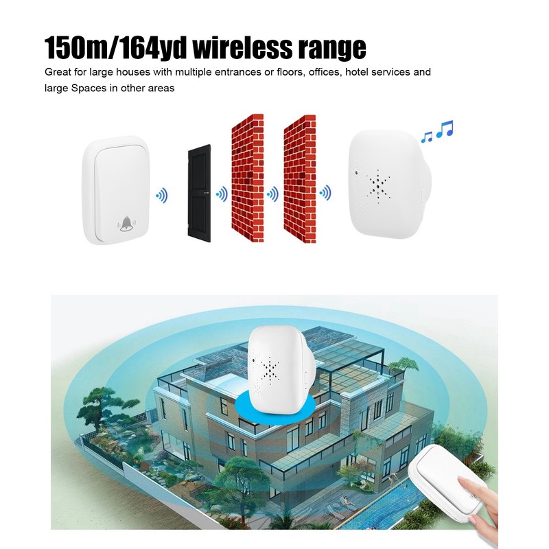 Battery Free Wireless Doorbell Remote Control 150m Range 38 Melodies