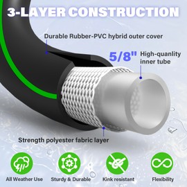 FLATO Garden Hose 5/8" x 50FT, Light Weight and Flexible, All Weather Use, Hybrid Polymer Water Hose with Brass Fittings, for Yard, Outdoor, Lawn (Black, Green stripes)