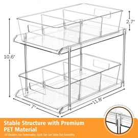 Fabspace Pull-out Home Organizer, 2 Pack 2 Tier Clear Bathroom Organizer with Dividers, Multipurpose Vanity Counter Tray, Kitchen, Closet Organizers, Cabinet & Storage Container Bins