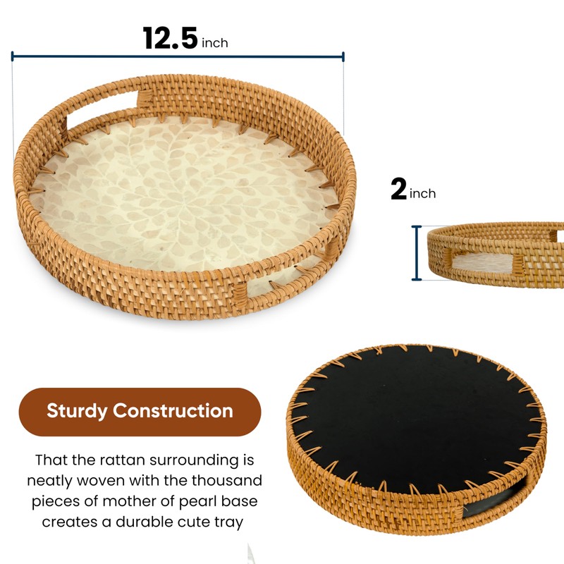 KOLWOVEN Round Rattan Tray with Handle, Rattan Serving Tray with