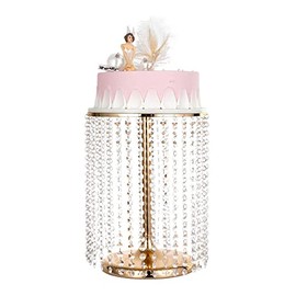 Bigsee - Soporte redondo de metal para pasteles con colgantes de cristal y cuentas, soporte dorado de 12 pulgadas para decoración de pasteles, plato de exhibición para mesa de postres, boda