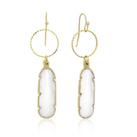 AeraVida Boho Chic Gold-Plated Brass Mother of Pearl Feather or Leaf Hoop Dangle Earrings | Earrings for Women | Feather Dangle Earrings