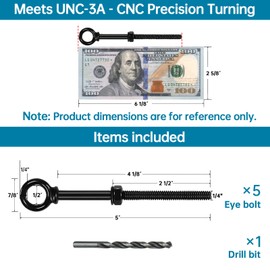 Muzata 5 Pack 1/4" x 5" Black Eye Bolts with Nuts Washers T316 Stainless Steel Eyebolts Heavy Duty Threaded Shoulder Lifting Ring Marine Grade UNC-3A CR32