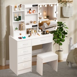 White Dressing Table with 6 Drawer Slide Mirrow and Stool 3 Color Mode Dresser