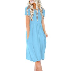DB MOON Women Summer Casual Short Sleeve Dresses Empire Waist Dress with Pockets (Light Blue, M)