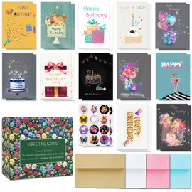 GREETING ART Set of 24 Birthday Cards, 12 Designs Birthday Cards Pack with 24 Envelopes and 24 Stickers, Happy Birthday Cards - Ideal as a Greeting Card for Men and Women