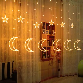 Mycznsyard 138 LED Curtain String Lights Ramadan Star Moon Lights Window Hanging Lights 8 Lighting Modes 6 Hours Timer USB Powered Ramadan Decorations Wedding Living Room Home Spring Holiday（Big Moon）