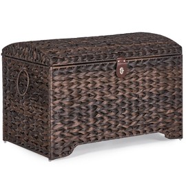 Handwoven Storage Basket with Lid, 178L Plastic Rattan Storage Bin, Leather Buckle & Metal Frame, Large Metal Ring Handles, Storage Trunk for Bedroom, Laundry Room