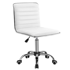 Furmax Mid Back Vanity Chair for Makeup Room, Low Back PU Leather Swivel Computer Desk, Task and Office Chair Retro with Armless Ribbed (White)