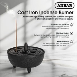Anbar Lotus Flower Incense Burner, Cast Iron Bowl and Lid for Sticks, Cones, Wax Melts, Charcoal and Resin, Traditional Oriental Zen Home Decor, Supports Aromatherapy and Mindfulness