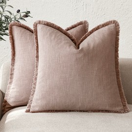 Foindtower Set of 2 Decorative Linen Fringe Throw Pillow Covers Boho Farmhouse Cushion Cover with Tassels Soft Accent Pillowcase for Couch Sofa Bed Living Room Home Decor,18×18 Inch,Dusty Pink