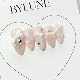 Veil White Handmade Nail Tips Wedding Nail Tips - Short Almond / 베일화이트 수제네일팁 웨딩 네일팁 - 숏아몬드
