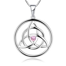 YL Necklace, Celtic 925 Sterling Silver, 12 Birthstone, Cubic Zirconia, Irish Knot Pendant Necklace for Women, Silver, October, pink