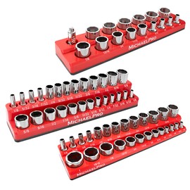 MichaelPro MP014003 3-Pc Magnetic Socket Organizer- 1/4-inch, 3/8-Inch & 1/2-Inch Drive Magnetic Socket Holder Kit in SAE, Professional Grade Socket Organizers for Toolboxes/Cabinets (SAE), Red