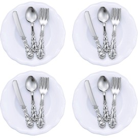 4 Pieces 1:12 Scale Miniature Plates and 12 Pieces Knives Forks Spoons Metal Tableware Dollhouse Miniatures Porcelain Plate Set Dollhouse Kitchen Accessories Dollhouse Decoration Accessories