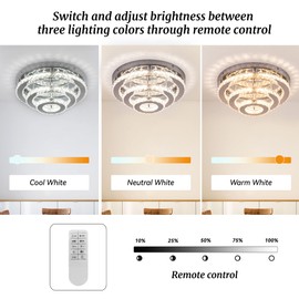 YPQXYHDA 13.8 Inch Modern Crystal Chandeliers LED Dimmable Crystal Ceiling Light Flush Mount Crystal Chandeliers for Bedroom Chandelier Ceiling Lights Dining Room Light Fixture,3 Colors Adjustable