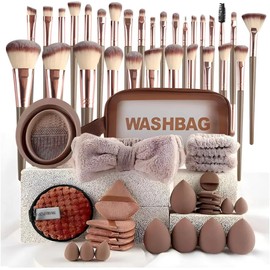 67 Piezas Set de Brochas de Maquillaje Profesional Completo, para Brochas de Maquillaje, Esponjas para Polvos, Cuencos para limpiar y bolsa de maquillaje para maquillaje de ojos y rostro, Regalar para Christmas, Valentine's Day (Cafe)