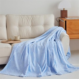 Solid Color Towel Blanket Duvet Cover 60x80'' Twin Size, Thin Cotton Comfy Soft Carved Terry Cloth Blanket Bed Blankets for All Seasons, Traveling Camping Picnic Blankets Bedroom Decor, Light Blue
