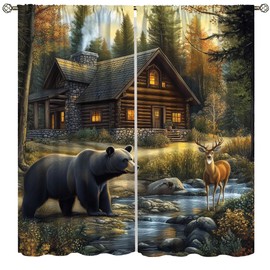 Country Bear Deer Curtains,Vintage Old Forest Hunting Country Cabin Wildlife Lake Mountains Bear Deer Animals Windows Treatments Rod Pocket For Farmhouse Living Room Bedroom 42x45in（No Blackout）