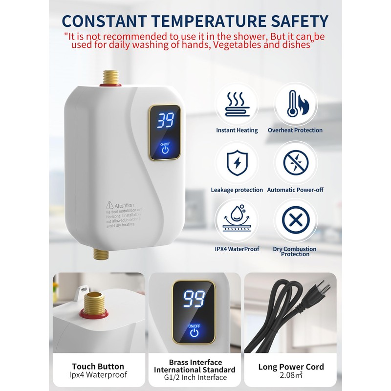 Electric Tankless Water Heater 110V 3000W, Under Sink Instant Hot