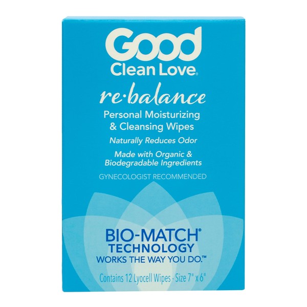 Good Clean Love Rebalance Personal Moisturizing & Cleansing Wipes, Naturally Reduces Odor & Supports Vaginal Health, pH-Balanced Feminine Hygiene Product, 12 Biodegradable Wipes