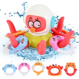 Hanmulee Octopus Hoopla Floating Baby Bath Toys, Includes 5 Styling Throwing Soft Rubber Rings, No Hole Design Fun Bathtub Water Toys, Sensory Bath Toys Gifts for Age 2 3 4 5+ Years Old Kids Toddlers