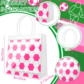 Demonwer 24 Pcs Pink Soccer Clear Goodie Bag with Handles PVC Sport Theme Goodie Treat Candy Bags Party Favor Bag for Team Birthday Gifts 8×8×3.2 Inch