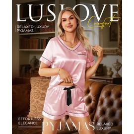 LUSLOVE Women Pajama Set Satin - Soft Silk V-Neck Top Sleepwear & Loungewear Two-Piece Bride PJs Set Comfortable Nightwear Pink L