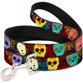 Buckle-Down Pet Leash - Painted Sugar Skulls & Flowers Collage - 6 Feet Long - 1.5" Wide