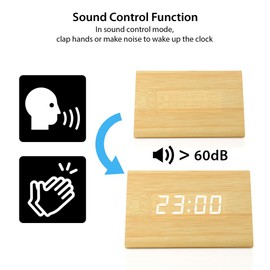 OCT17 Wooden Wood Clock, New Version LED Alarm Digital Desk Clock Adjustable Brightness, Alarm Time, Displays Time Date Temperature - Bamboo