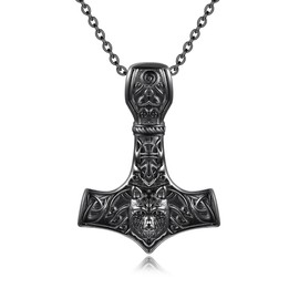 URONE Thors Hammer Necklace Sterling Silver Viking Wolf Mjolnir Pendant Pagan Norse Jewelry Gifts for Women Men