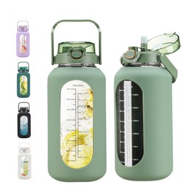 chunmo 74 oz Glass Water Bolttles with Straw Large Motivational Water Bottle with Time Marker Sports Water Bottles with Silicone Sleeve and Handle Lid 2.2L Water Jug for Gym Workout