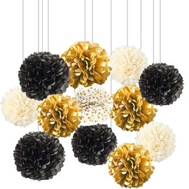 XIKSXITN 12pc Black Gold Gradient Tissue Paper Pompoms-Hanging Gold Dot White Paper Pom Poms Paper Flowers Ball for Party Decorative(8&10&12inch)