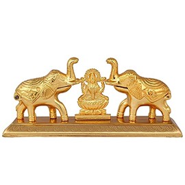 WC_Aluminium Golden Color Plated Laxmi Ganesha Idol with Platter Plate for Puja Diwali Gift Items Deepawali Decorations Indian Dhanteras Pooja Statue Thali (Elephant Roli Chawal Box)
