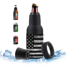 Stepstall Can Cooler Beer Bottle Holder with Beer Opener, 4-in-1 Design Slim Can Beer Bottle Insulators, Double Walled Stainless Steel Insulated, 12 OZ Beer Gifts for Men Father(Black American Flag)