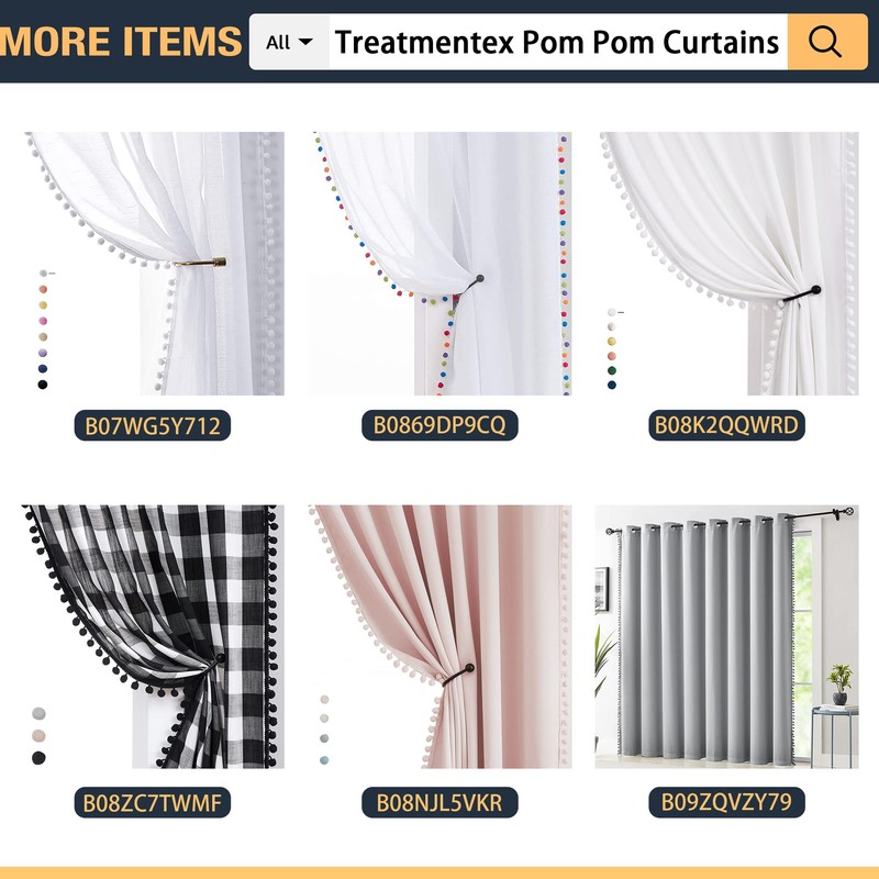 Pom-Pom Blue Sheer Curtains for Bedroom 63" Window Drapes Rod