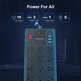 Power Bar-15 Widely Spaced Outlets and 4 USB Ports(1 USB C Port),14 AWG Extension Cord,1875W/15A Heavy Duty Power Strip Surge Protector 5 ft Cord,2800J, ETL Listed,Black