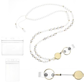 Ymapinc Cute Beaded Lanyard，Pearl Lanyard with Retractable Reel,Pearl Lanyards for Id Badges for Women Keychain Fancy Lanyards for Badges,Contains 1pc Horizontal Card Holder & 1pc Vertical Card Holder