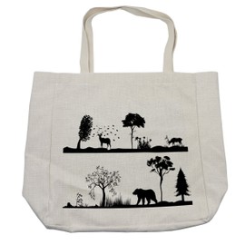 Lunarable Cabin Shopping Bag, Monochrome Landscape Wildlife Theme Natural Habitat with Animal Silhouettes, Eco-Friendly Reusable Bag for Groceries Beach and More, 15.5" X 14.5", Cream