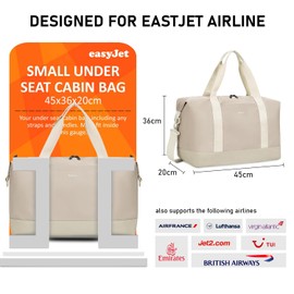 ECOHUB Easyjet 30L Cabin Bag 45x36x20 Underseat Travel Flight Bag Foldable Carry On Bag with Removable Wet Pocket Waterproof Overnight Holdall Bag Weekend Luggage Bag Hospital Bag for Women (Beige)
