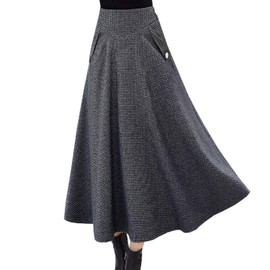 ZHANCHTONG Women's High Waist Plaid Wool Maxi Skirt Thickened A-Line Long Flared Skirt (Grey Plaid, XL)