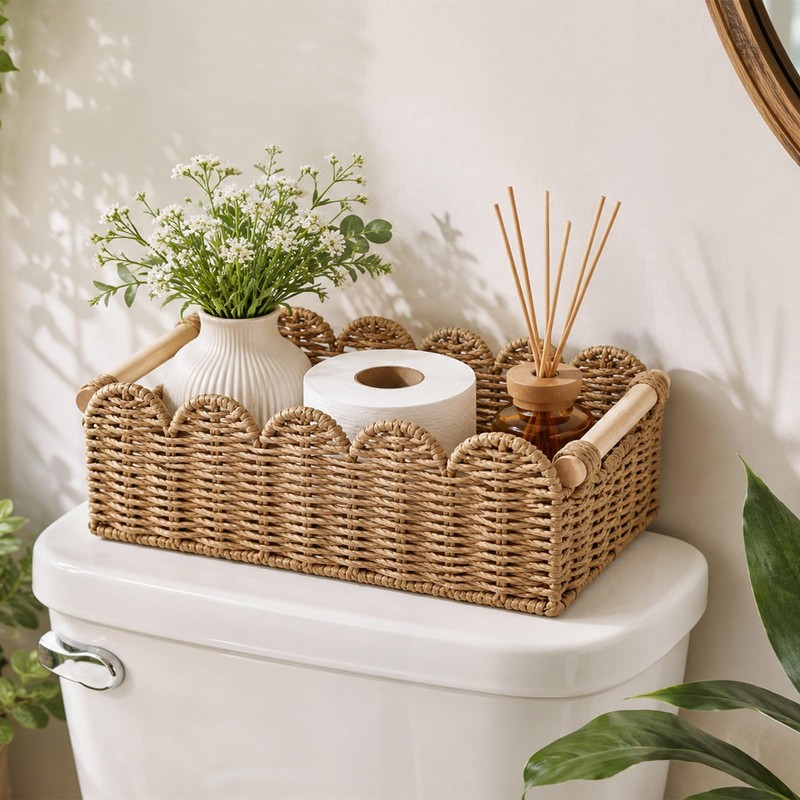 2PCS Bathroom Basket Organizer with Handle, Scalloped Basket, 14.4×6.4×4In