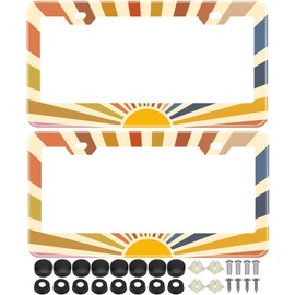 2Pcs Rainbow Groovy Retro Hippie Sun License Plate Frames Cover Holders Stainless Steel Retro License Plate Cover with Screw Caps Cover Set - 2-Hole