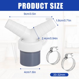 Drain Adaptor Double Connection Y, Drain Dishwasher and Washing Machine Double Connection Y Adapter for Hose with Input Connector of 19-24 mm and Outlet 40 mm with Hose Clamp