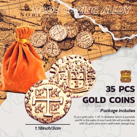 v2croft 35 Metal Pirate Coins Gold, Gold Treasure Coin Set, Metal Replica Spanish Doubloons for Board Games Tokens, Kids Cosplay Pirate Party Treasure Chest Coin (1.18'')