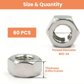 Hmevsafinect #10-24 Hex Nuts, 60 Pack 304 (A2-70) Stainless Steel Hardware Nuts,Standard Inch Coarse Thread Nuts